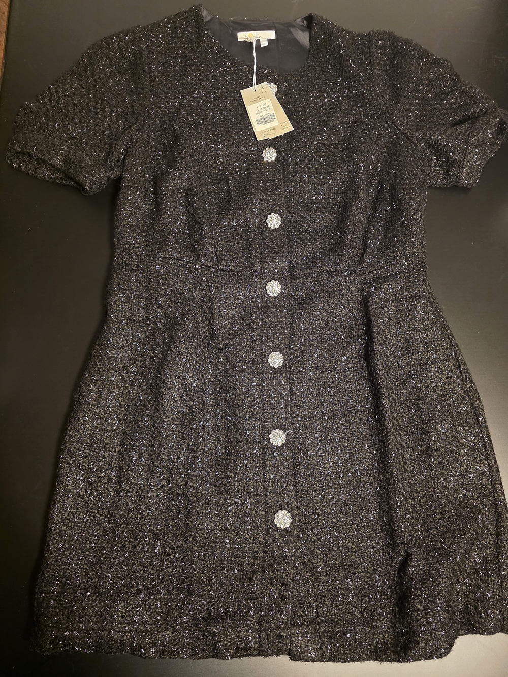 Sparkle Black Dress with Decorative Buttons And Pockets
